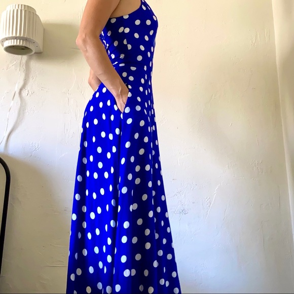 Vintage 70s Royal Blue Polka Dot Square Neck 100% Rayon Maxi Dress | XS - Picture 10 of 12